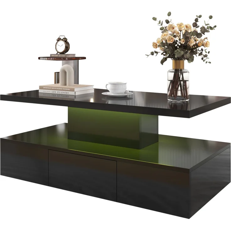 Merax Couchtisch, Tisch mit Schubladen, Hochglanzlackierung, Beistelltisch mit zwei Ablageebenen. Mit LED-Licht, Schwarz – Bild 1