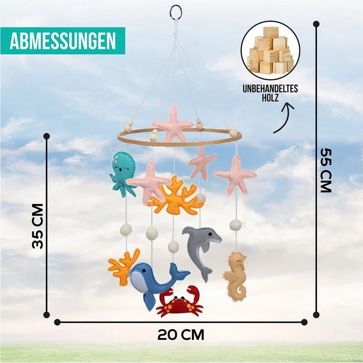 wortek Babymöbel-Set Baby Mobile Windspiel zum Aufhängen Ozean Welt, (Set, 1-tlg, Kinderbett, Wickelkommode, Decke Kinderzimmer), Babymobile Bettglocke Babyzimmer Bett Baby Windspiel – Bild 2