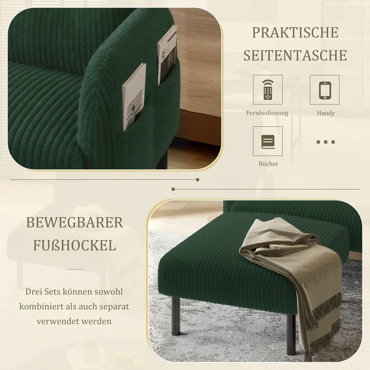 LVHOM Sessel mit Seitentaschen, Relaxsessel Cordstoff, Polstersessel Lehnstuhl Wohnzimmersessel mit Metallbeine – Bild 10