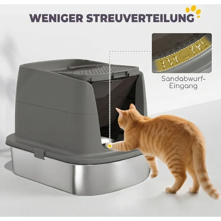Katzentoilette aus Edelstahl mit abnehmbarem Deckel, Schaufel und Deobeutel, 52,4x41,3x39,8 cm, Dunkelgrau – Bild 4