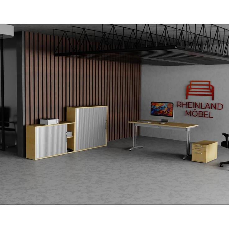 Rheinland Möbel Querrollladenschrank Rollino 120×40×110 cm – abschließbarer Rollladenschrank 3OH in Ahorn/Silber mit Metall-Bogengriff – Bild 4