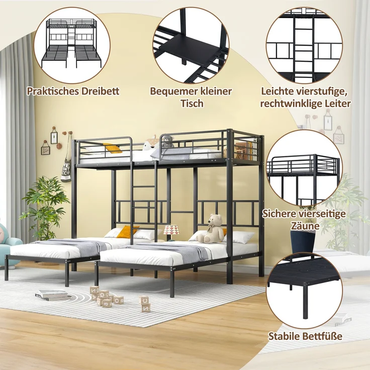Bett 90x200 cm Dreifach-Etagenbett aus Metall mit Leiter und Fallschutz, ohne Matratze – Bild 5