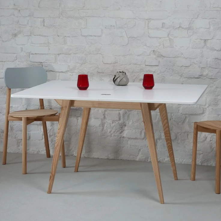 Ragaba rechteckiger ausziehbarer Tisch, MDF & Massives Eschenholz, 90x65 cm, Weiß – Bild 8
