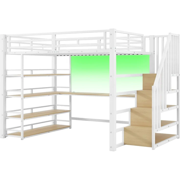 Hochbett mit RGB LED-Streifen, Schreibtisch, Lattenrost, Regal und USB, Treppe mit Regal, 140x200 cm, Kinderbett mit Rausfallschutz, Metallbett – Bild 7