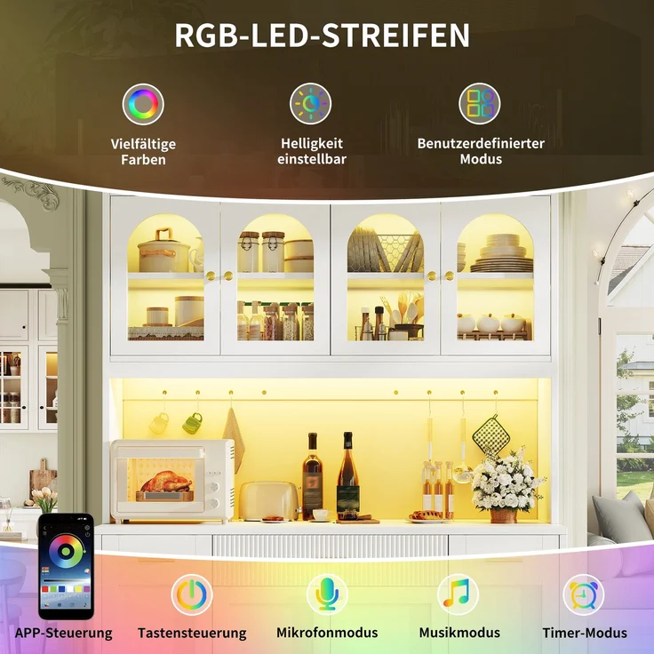 Hochküchenschrank 120cm mit RGB-LED, App-Steuerung, 3 Glasvitrinen, Schubkästen & beidseitigen Roll-Ablagen, Weiß/Schwarz – Bild 8