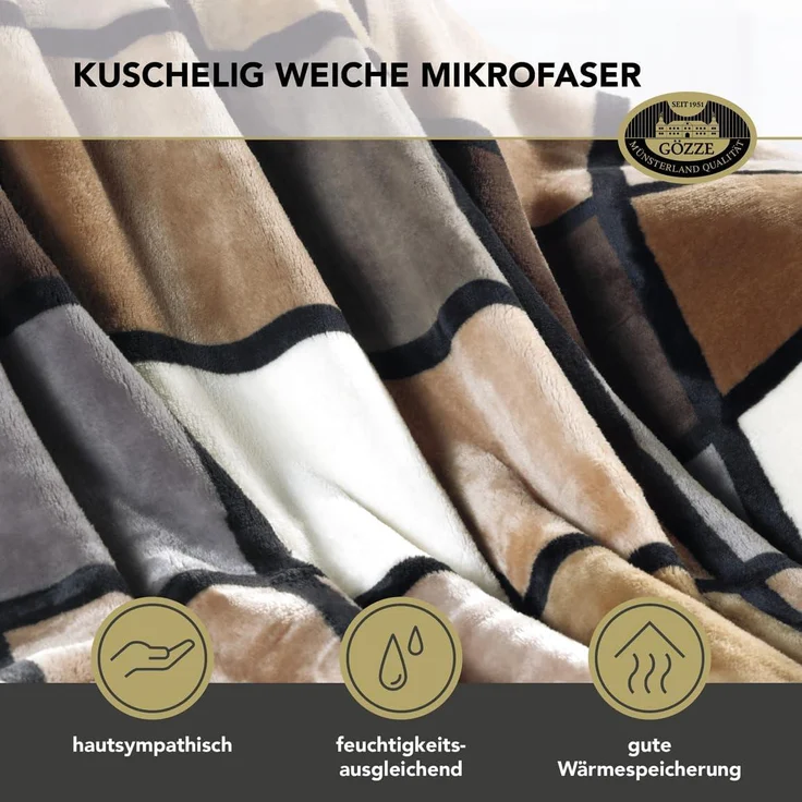 Gözze - Weiche Kuscheldecke, Cashmere Feeling, Hohes Stoffgewicht 500 g/m², Antigua, 150x200 cm - Taupe/Creme/Schoko – Bild 4
