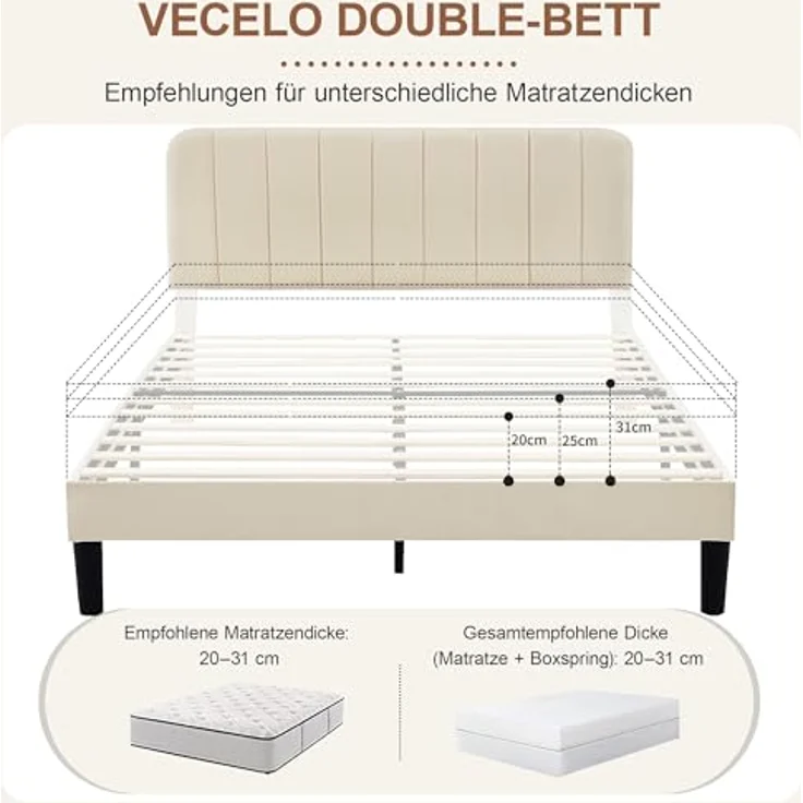 VECELO Polsterbett 140x200 cm, Doppelbett mit Höhenverstellbarem Kopfteil, Samtbezug und Stabiler Lattenrost, Geräuschfrei, Einfache Montage, für Schlafzimmer und Gästezimmer, Beige – Bild 8