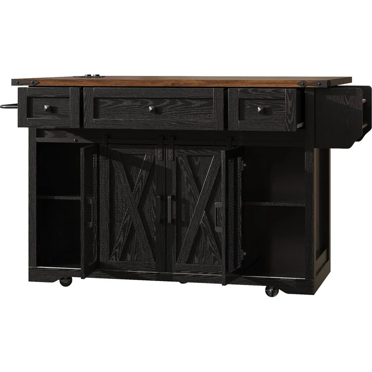 Küchenwagen 120,2x45,3/75x91,5 cm in Schwarz mit ausklappbarer Arbeitsplatte und Schubladen – Bild 5
