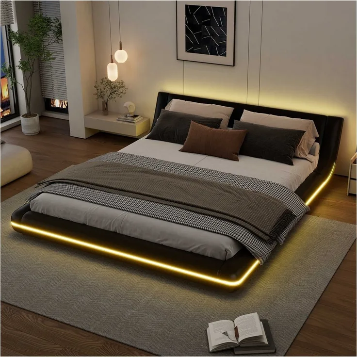 BlingBin Polsterbett Bodenbett (1-tlg, mit LED-Umgebungsbeleuchtung, 24-Tasten-Fernbedienung), 160x200 cm Bodenbett in Weiß aus PU und MDF