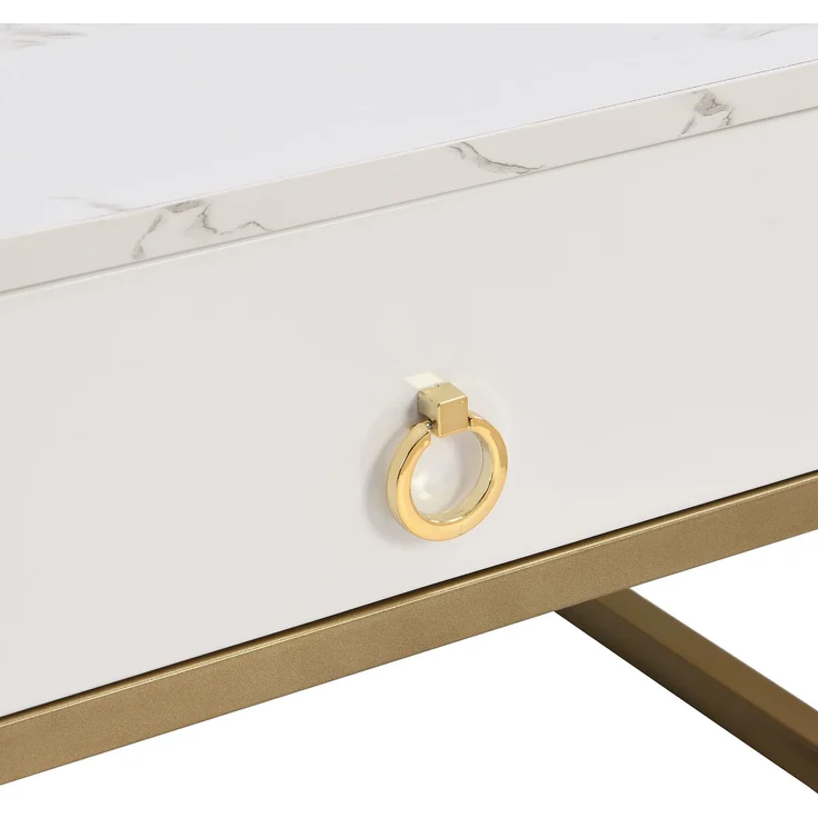 Merax Couchtisch Set Marmoroptik mit Schublade, Beistelltisch hochglanz, Satztisch mit Glasplatte,Wohnzimmertisch, Gold | Weiß – Bild 7
