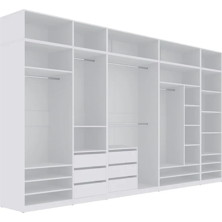 Marmex Möbel Tres Set-R/N (B) Hoher Kleiderschrank mit Aufsatz, großer offener Einbauschrank, Kompaktgarderobe für Kleidung und Schuhe, Ankleidezimmer Möbel, laminierte Spanplatte, weiß 380x246x51 cm