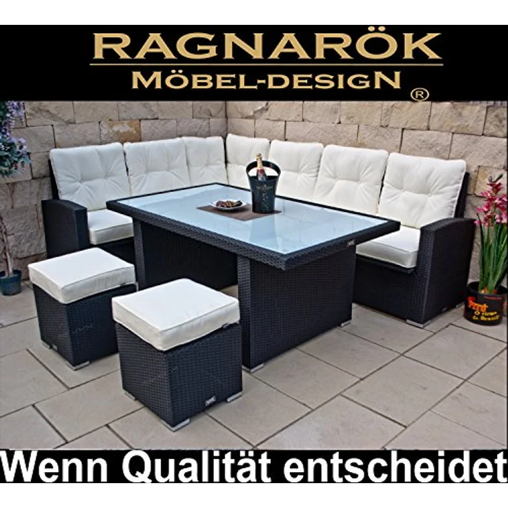 Ragnarök Möbel-Design Garten-Essgruppe Dining Lounge Wieland L, (Ecksofa + Tisch + Hocker, Polyrattan, inkl. aller Polster), Sitzpolster ca. 16 cm dick, 2 Härtegrade – Bild 3
