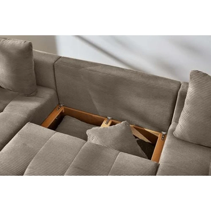 Wohnlandschaft U-Form Sofa groß Schlaffunktion Couch Bettkasten Cord Braun Taupe – Bild 6