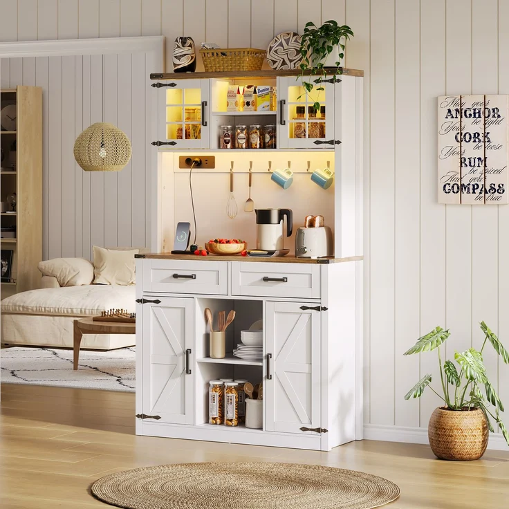 ZUBALIYA Buffetschrank 100x40x172 cm, mit LED-Beleuchtung, mit Steckdosen, mit verstellbaren Einlegeböden, aus MDF, Braun / Weiß – Bild 14