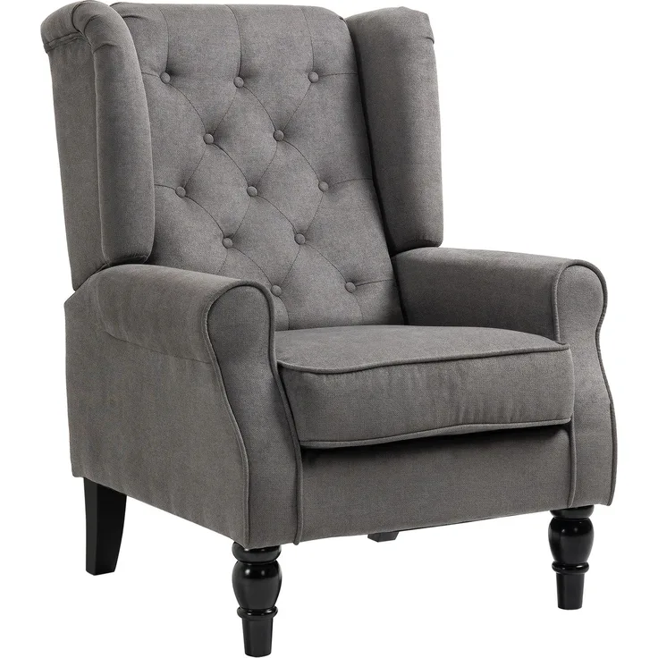 Wohnora-Ohrensessel im Vintage-Design, Lesesessel, Akzentsessel, Holzbeine, Knopfheftung, Grau + Schwarz,H 102cm x T 74cm x B 86cm,Dunkelgrau