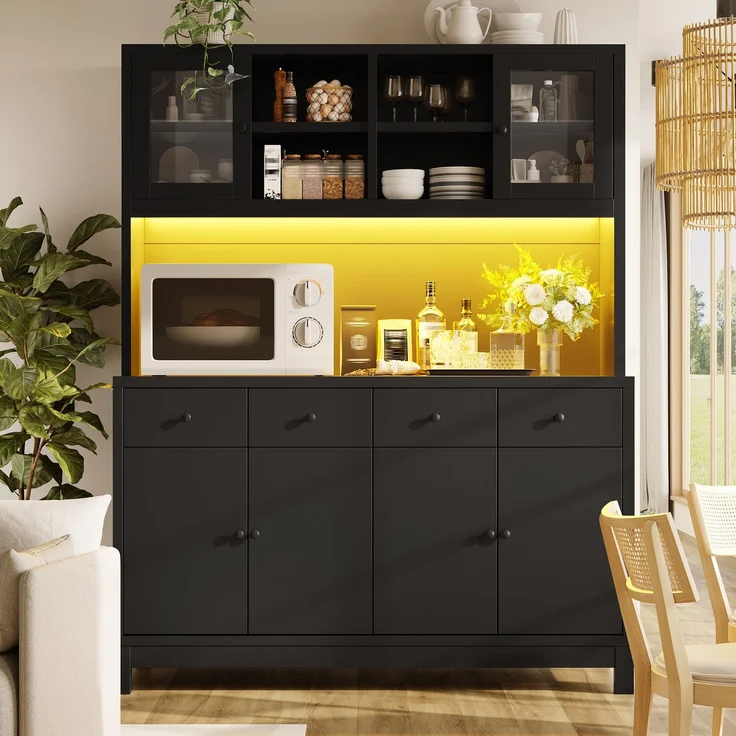 Hochbuffetschrank 140*38.5*180cm mit App-gesteuerter RGB-LED, Glastüren & 4 Schubladen, verstellbare Einlegeböden, belastbar bis 100kg, Schwarz--Schwarz--140x38.5x180cm--YOUDENOVA – Bild 7