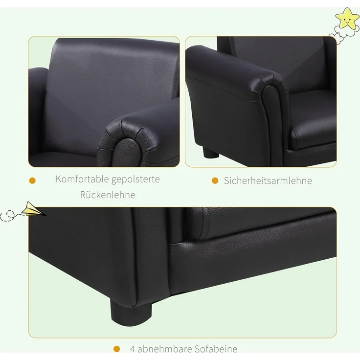 HOMCOM Kindersessel mit Fußhocker Kindercouch Kindersofa Minisofa für 1,5-3 Jahre Kinder Kindermöbel Holz Schwarz 54 x 42 x 41 cm – Bild 4