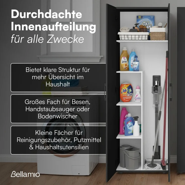 Bellamio 'Apol' Mehrzweckschrank, schwarz, 176x33x60 cm, Besenschrank mit Staubsaugerfach und 4 weiteren Fächern – Bild 3