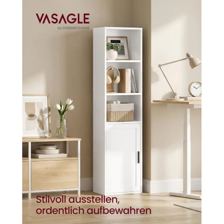 VASAGLE Bücherregal, 5-stöckiges Standregal mit Tür, 31.8 x 24 x 145.9 cm | Offenes Aufbewahrungsregal, für Wohnzimmer, Homeoffice, Esszimmer, Wolkenweiss, SIREN Kollektion LBC501WB01 – Bild 3
