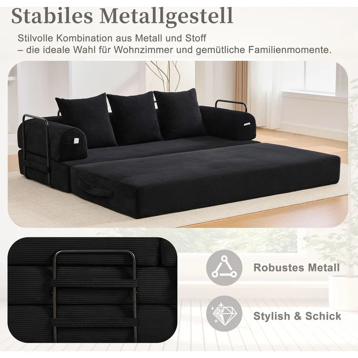 ZUBALIYA Ecksofa 94x67 cm, mit Leiter, mit Cordbezug, mit breiten Armlehnen, modular aufgebaut, mit Schaumstoffpolsterung, Schwarz – Bild 7