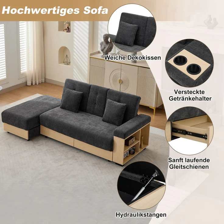 Merax Wohnlandschaft Sofa mit Stauraum, 3-fach verstellbarer Rückenlehne, Schlafsofa mit Schubladen, Chenille-Stoff, Getränkehalter & Stauraumhocker, grau – Bild 6