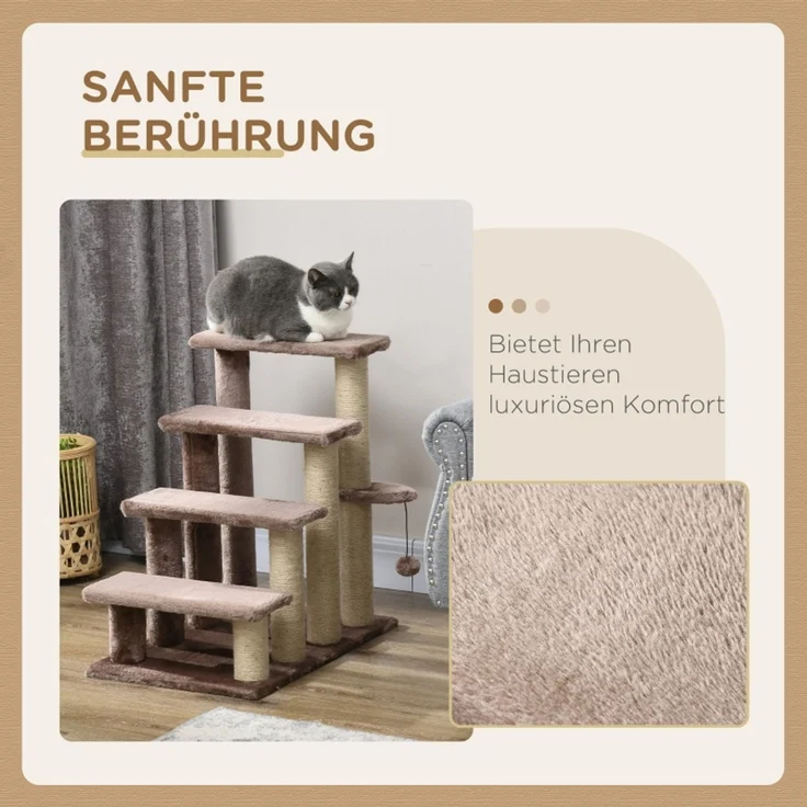 JARDJ Haustiertreppe, Kratzbaum, 4-stufig, für Tiere bis 5 kg, 60x40x64cm, Braun – Bild 6
