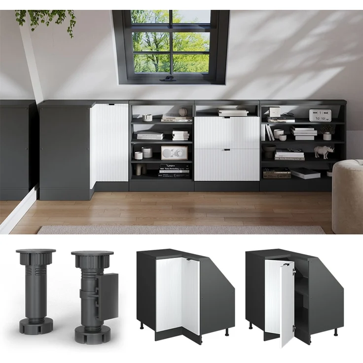 Eck-Küchenschrank für Dachschrägen R-Line Weiß Riffel 75.6 cm mit 1 Tür Vicco – Bild 4