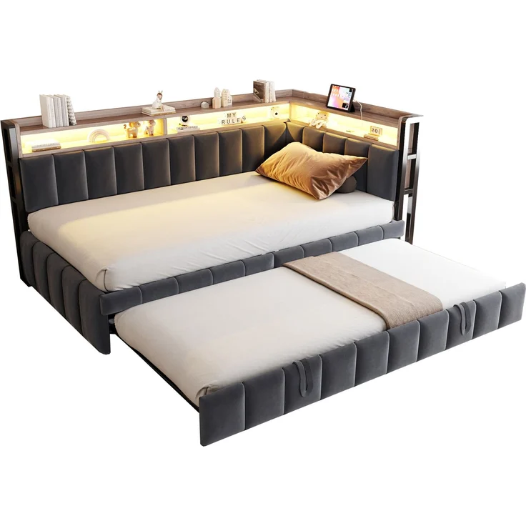 CHICFURN Polsterbett Schlafsofa aus Samt Dunkelgrau 90x200 cm mit Ausziehbett, LED-Beleuchtung und USB- und Type-C-Anschlüssen Grau – Bild 7