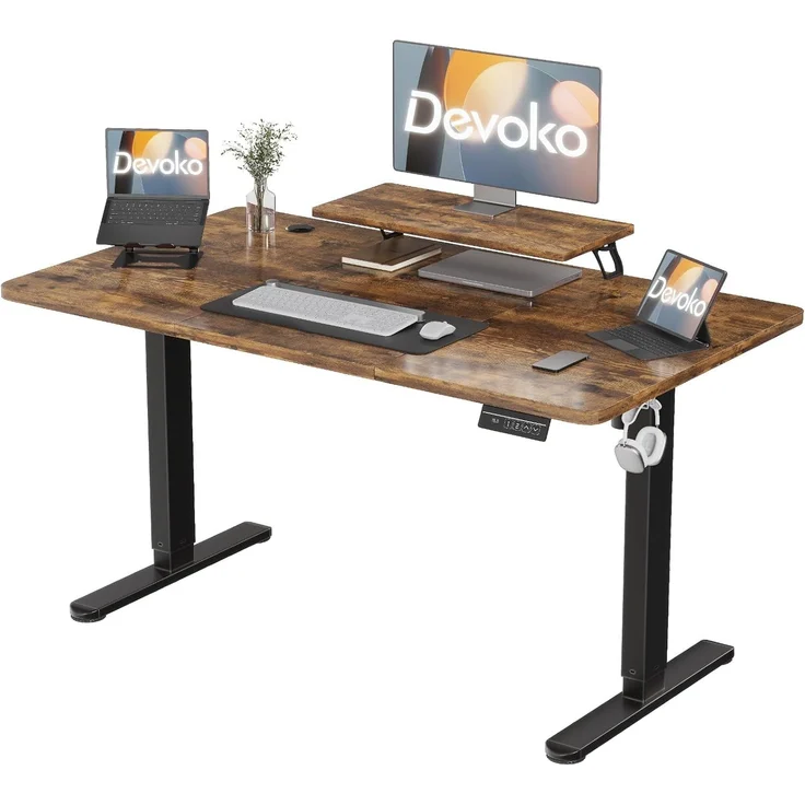 Devoko 160×70cm Elektrisch Höhenverstellbarer Schreibtisch mit Monitorständer, Computer-Schreibtisch, mit 2 Höhen-Speicherfunktionen, Vintagebraun – Bild 1