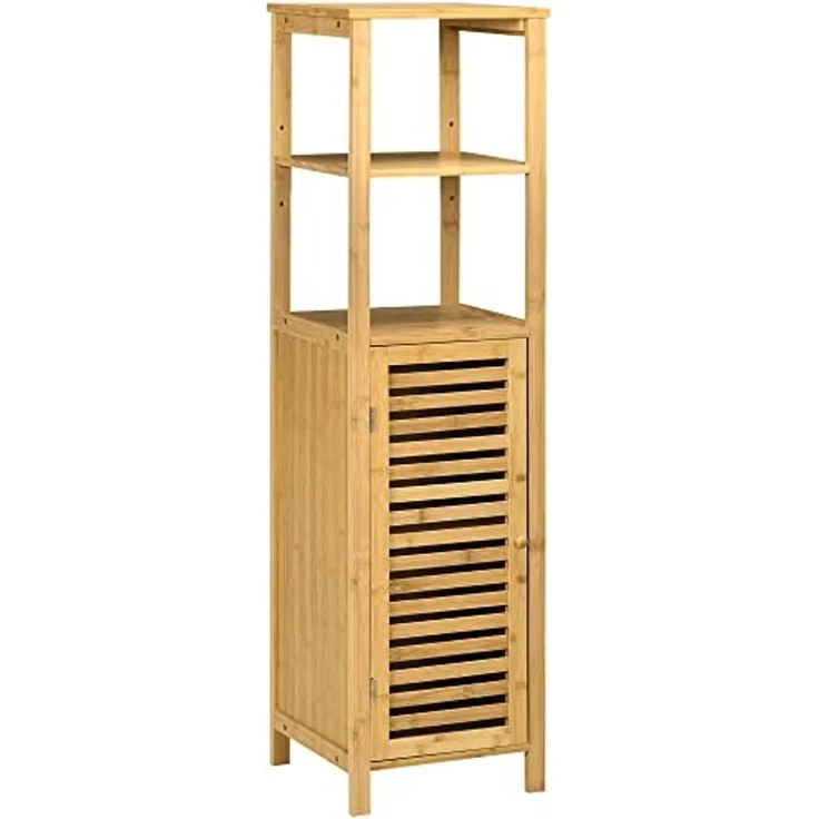 Kleankin Badkommode höhevestellbar, aus Bambus, mit Schrank, zwei offene Ablagen (Badezimmerschrank, 1 St, Badezimmermöbel), für Badezimmer, 33 x 30 x 120 cm Naturholz – Bild 1