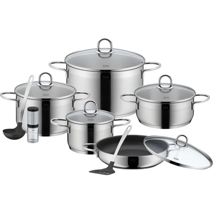 Silit Topf-Set Diamant, Edelstahl 18/10 (Set, 13-tlg, inkl. Schöpflöffel, Pfannenwender und Gewürzmühle), Silitherm-Allherdboden, induktionsgeeignet, spülmaschinengeeignet