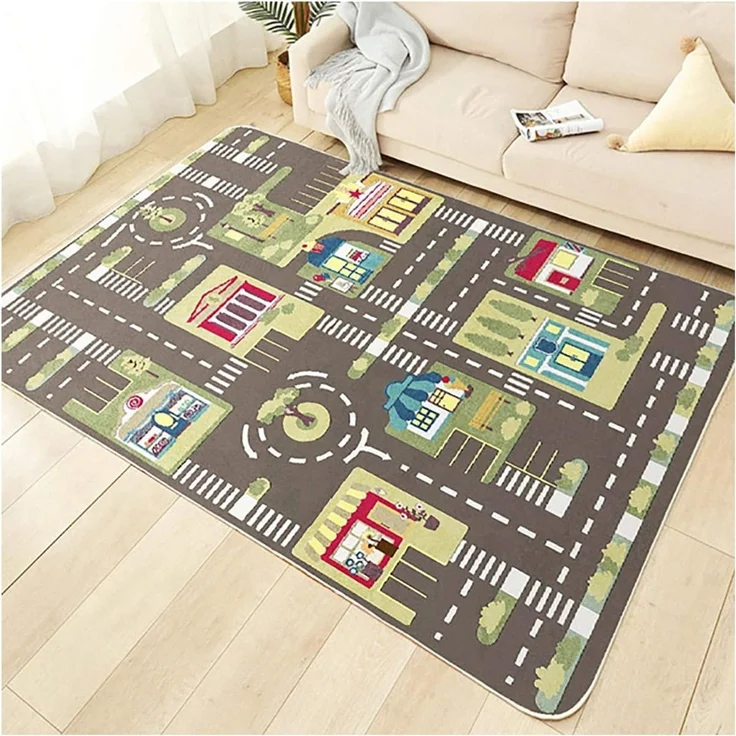 TYKTZXY Kinderteppich Spielen Teppich Straße Auto Tier Universum Blau Grün Grau(200×300cm,78×118inch) – Bild 1