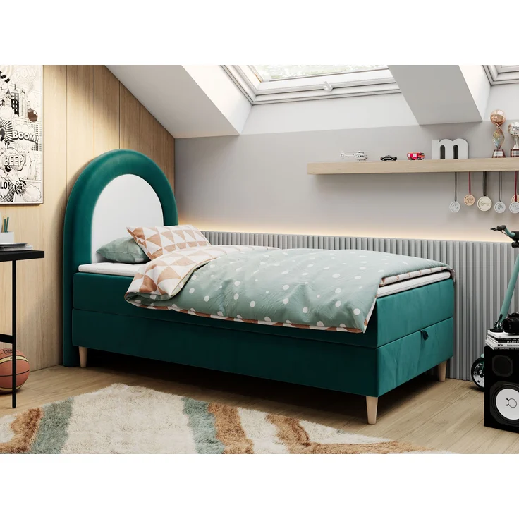 Kinderbett NEST, Boxspringbetten für Kinderzimmer, Jugendbett, Einzelbett mit Matratze 90 x 180 cm - Dunkelgrün Velvet - Topper T25 – Bild 1