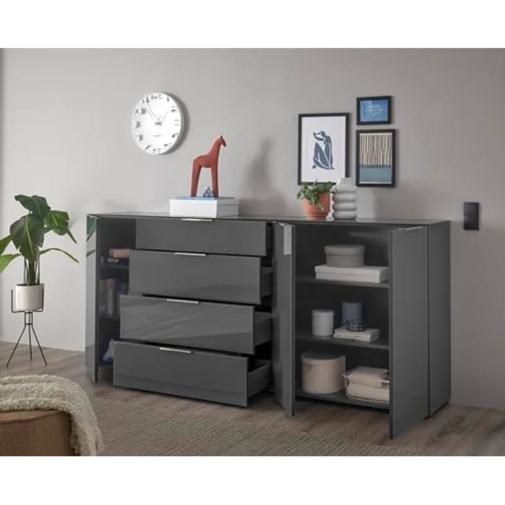 Stella Trading Sideboard Kommode SANTORIN Anthrazit mit Glasfront, Schrank Korpus in Anthrazit mit Oberboden in Glas und Schubladen für Ihren Wohnbereich - 226 x 99 x 40 cm (B/H/T) – Bild 8
