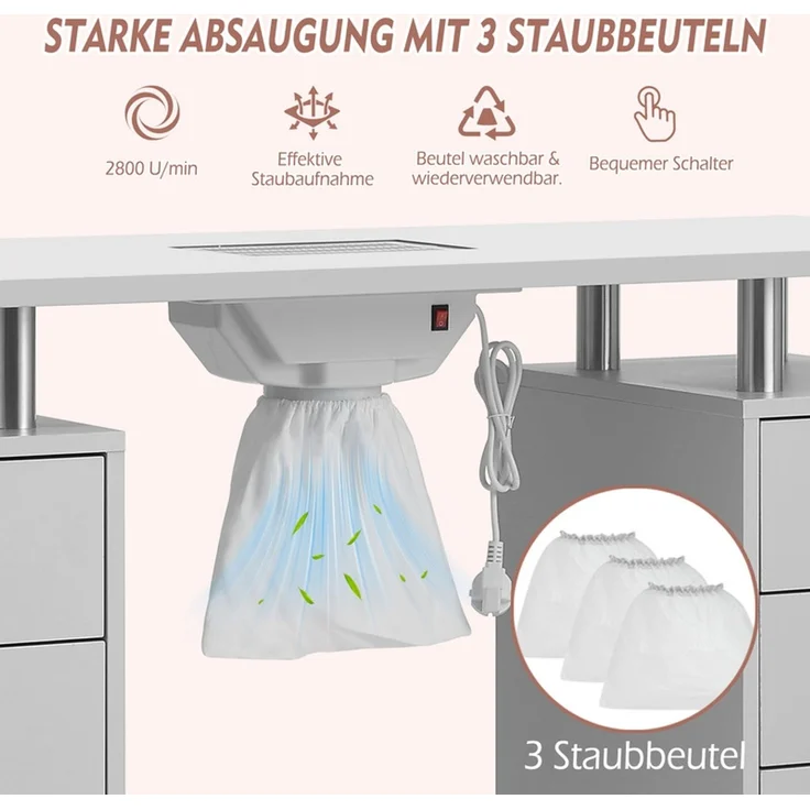 Home Nature Wohnkonzept Maniküretisch mit Absaugung 120 cm, Nageltisch mit 3 Schubladen, 1 Schrank & Rollen, mit Staubschutzabdeckung – weiß für Nagelstudio & Kosmetik – Bild 5