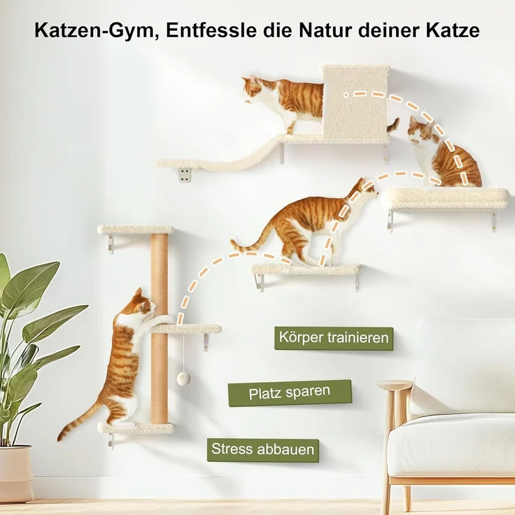 FUKUMARU Kletterwand Katzen Set, 10-teilig Katzen Kletterwand Set, aus robuster Multiplexplatte，Hängematte Katze mit Katzenhaus, Katzenbrücke, Katzenbaum, Katzentreppe bis zu 18 kg, Beige – Bild 2