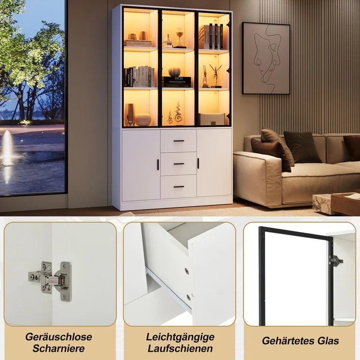 ZUBALIYA Vitrine mit Glasschrank Tür und LED-Licht, Vitrinenschrank Glasvitrine mit MultiStorage Bücherregal, Highboard Sammlervitrine mit Griff, 3 Schubladen & Türen, Wohnzimmerschrank, Weiß – Bild 10