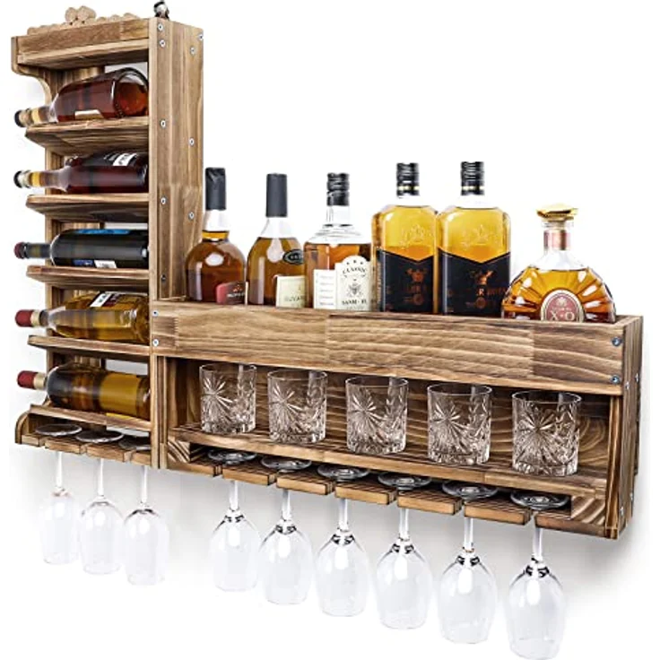 Yorbay Weinregal Weinregal aus Holz, Wandbar mit Korkhalter, Holzregal für Weingläser, Whiskygläser, Wandmontage Wand Flaschenhalter Vintage Stil für Hausbar – Bild 2