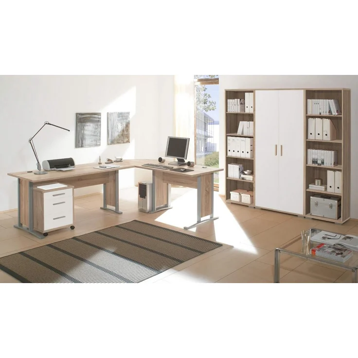 moebel-dich-auf Büromöbel-Set OFFICE LINE, (Komplett-Set, 8-tlg, Winkelschreibtisch mit Rollcontainer + 2 Aktenschränke + 4 Aktenregale), in Eiche Sonoma / Weiß – Bild 2
