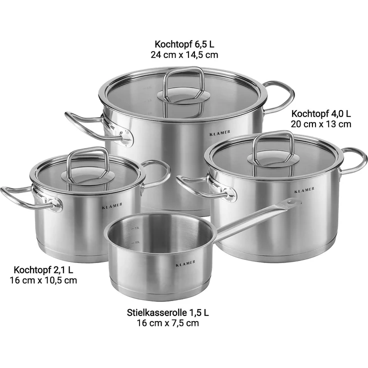 KLAMER Premium Edelstahl Kochtopf-Set, Kochtopf Set mit Glasdeckel, Töpfe Set unbeschichtet, Induktionstöpfe-Set Set, 4-teilig – Bild 3