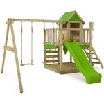 FATMOOSE Spielturm Klettergerüst 'JazzyJungle', mit Schaukel & apfelgrüner Rutsche, Spielhaus mit Sandkasten, Leiter & Spiel-Zubehör, Podesthöhe 1,20 m, ab 3 Jahren