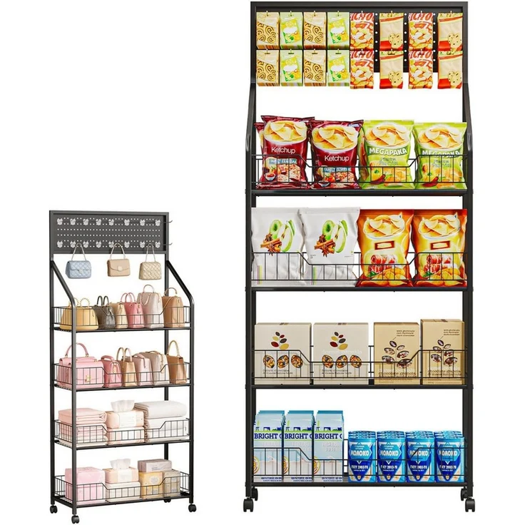 Rutaqian Beistellwagen 4 Etagen Snack-Präsentationsständer mit Rollen und 15 Haken, Kartoffelchip-Organizer-Ständer für Lebensmittelgeschäft, Geschäft – Bild 1