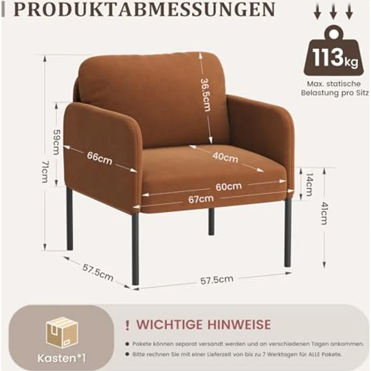 COLAMY Gepolsterter Ohrensessel aus Samt – Moderner Lounge-Sessel mit weicher Rückenlehne, Komfortabler Sessel für Wohnzimmer, Schlafzimmer, Apartment & Leseecke, Orange – Bild 3