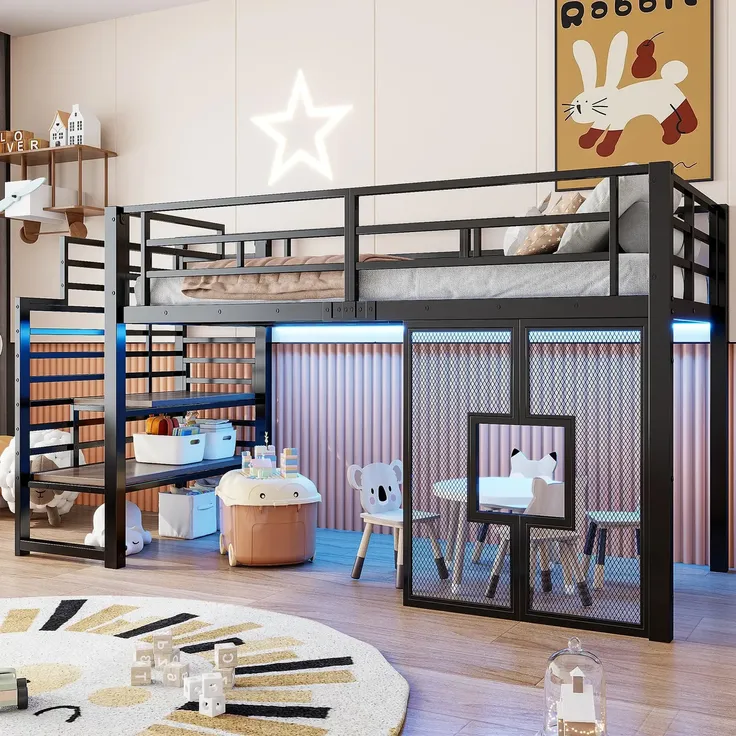 Hochbett mit LED-Streifen, Lattenrost, Rausfallschutz und Fenstern, Treppe mit Regal, 90x200 cm, Einzelbett, Kinderbett, Metall – Bild 4