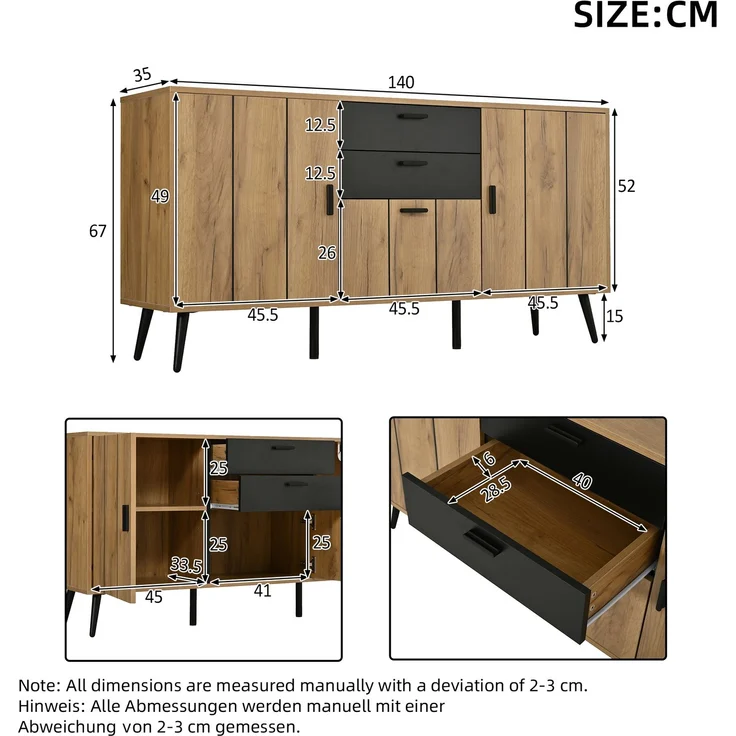 Merax Kommode, Sideboard, Mit Großer Arbeitsplatte, 2 Schubladen, 3 Türen, Beistellschrank Fur Wohnzimmer Esszimmer Küche, Schwarz+Holzfarbe – Bild 4