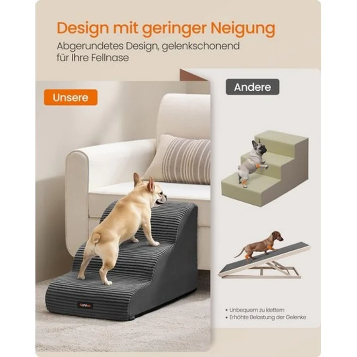 FEANDREA Hundetreppe, 3-stufig-Haustiertreppe, Cord mit Querstreifen, rutschfest, abnehmbarer waschbarer Bezug, schiefergrau – Bild 3