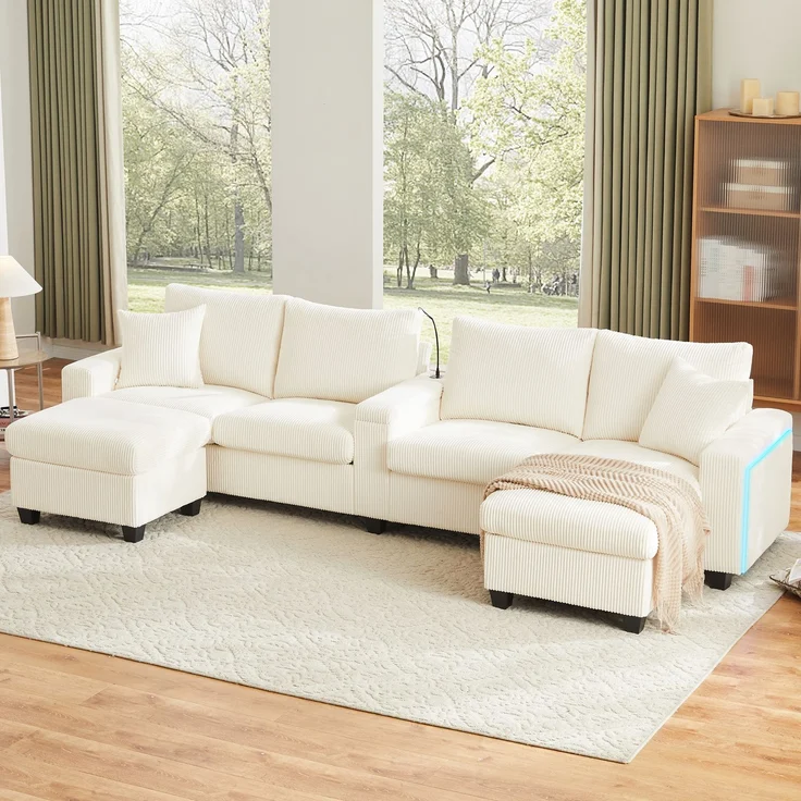 Cord-Sofa mit 2 Stauraumhockern, Leselampe, Klappkonsole, App-LED und USB-C, U-förmige Lounge-Couch mit Getränkehalter, Beige – Bild 19