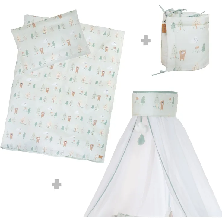 roba Kinderbettgarnitur 'Woodland Buddies' 4-teilig - Himmel, Nestchen & Bettwäsche - Pastellgrün