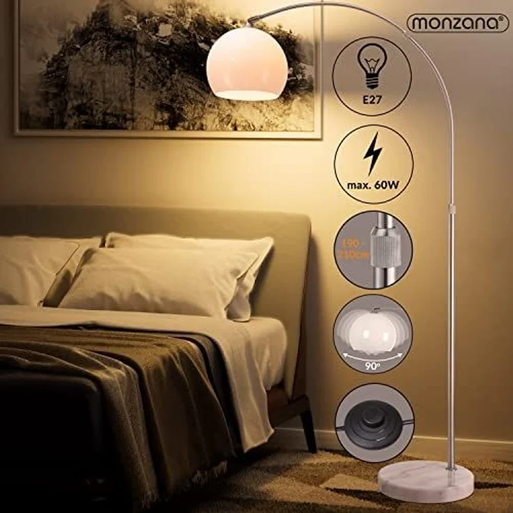 monzana Bogenlampe, Lampe, Marmorfuß 190-210 cm Höhenverstellbar Schwenkbar E27 Wohnzimmer – Bild 2