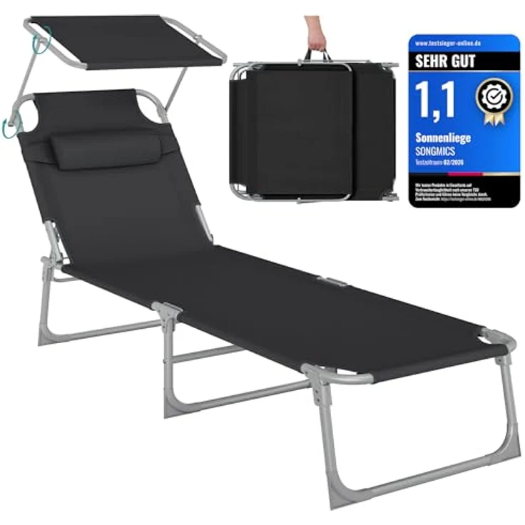 Sonnenliege, klappbarer Liegestuhl, 193 x 53 x 29 cm, max. Belastbarkeit 150 kg, mit Sonnenschutz, Kopfstütze und Verstellbarer Rückenlehne, für Garten, Pool, Terrasse, Schwarz, 1 Liege – Bild 2